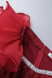Red Elegant Patchwork Appliques Flounce Asymmetrical Evening Dress Dresses