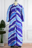 Vestido azul casual estampado patchwork turndown colarinho manga comprida plus size