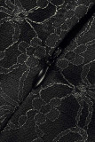 Schwarzes, elegantes Patchwork-Volant, asymmetrisch, schräger Kragen, Abendkleid, Kleider