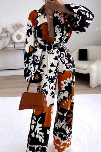 White Casual Print Patchwork Buckle Turndown Collar Long Sleeve Two Pieces