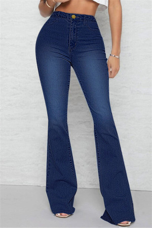 Dark Blue Casual Solid Patchwork Mid Waist Regular Flare Leg Denim Jeans
