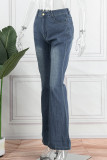 Dark Blue Casual Solid Patchwork Mid Waist Regular Flare Leg Denim Jeans