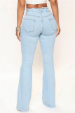 Jeans jeans regular de cor clara casual patchwork cintura média