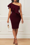 Burgundy Sexy Solid Patchwork Flounce Oblique Collar One Step Skirt Dresses