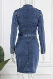 Deep Blue College Solid Patchwork Chains Zipper Turndown Collar Long Sleeve High Waist Regular Denim Dresses