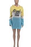 Pink Yellow Casual Print Patchwork Hooded Collar T-shirt Dress Dresses