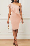 Pink Sexy Solid Patchwork Flounce Oblique Collar One Step Skirt Dresses