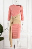 Vestidos de saia rosa com estampa elegante patchwork dobra assimétrica