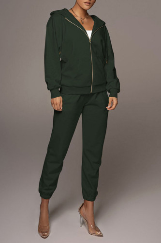 Army Green Casual Street Solid Patchwork Zipper Hooded Collar Long Sleeve Two Pieces