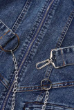 Tiefblaue College Solid Patchwork Ketten Reißverschluss Umlegekragen Langarm Hohe Taille Regular Denim Kleider