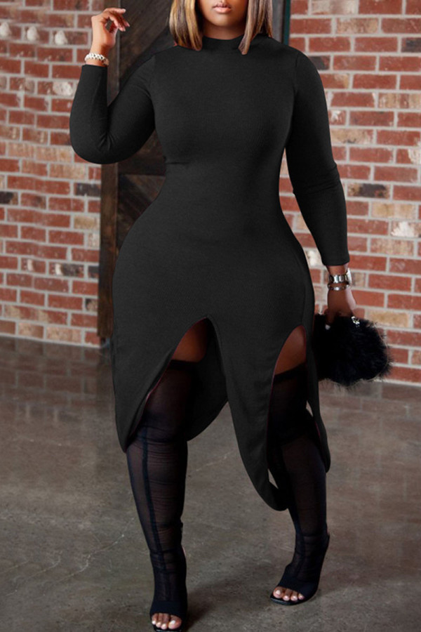 Zwart casual effen patchwork asymmetrische halve coltrui onregelmatige jurkjurken