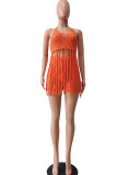 Orange Sexy Solid Tassel Hollowed Out Patchwork Halter Sleeveless Two Pieces