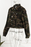Армейский зеленый повседневный принт с камуфляжным принтом в стиле пэчворк с отложным воротником и пряжкой, с длинным рукавом, прямая джинсовая куртка