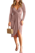 ピンク ファッション カジュアル パッチワーク V ネック ロング スリーブ ドレス