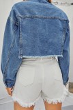 Giacca di jeans regolare a maniche lunghe con colletto rovesciato casual blu scuro