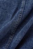 Robes en Denim régulières, bleu profond, chaînes Patchwork solides, fermeture éclair, col rabattu, manches longues, taille haute