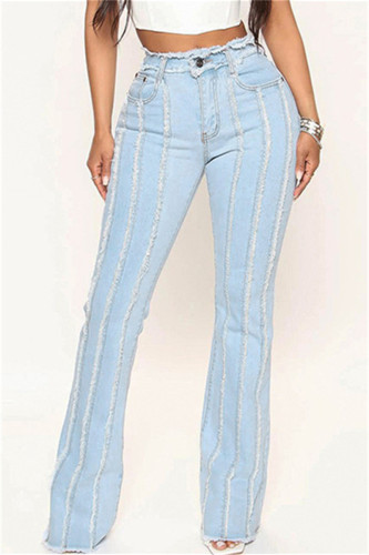 Светлые повседневные однотонные джинсы средней талии в стиле пэчворк со средней талией