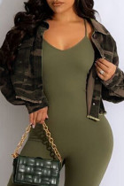 Army Green Casual Camouflage Print Patchwork Buckle Turndown Collar Long Sleeve Straight Cropped Denim Jacket