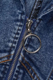 Deep Blue College Solid Patchwork Chains Zipper Turndown Collar Long Sleeve High Waist Regular Denim Dresses