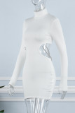 White Sexy Solid Hollowed Out Turtleneck Pencil Skirt Dresses