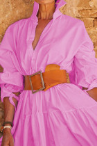 ピンク カジュアル ソリッド パッチワーク バックル ベルト ターンダウン カラー シャツ ドレス ドレス