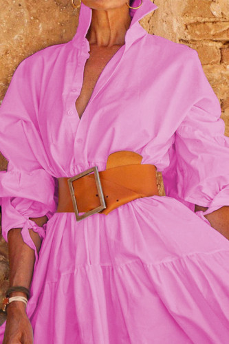 Pink Casual Solid Patchwork Buckle With Belt Turndown Collar Shirt Dress Dresses