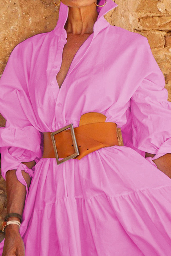 Roze casual effen patchwork gesp met riem omgeslagen kraag overhemdjurk jurken