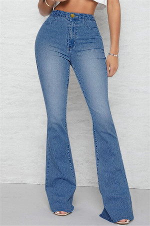 Blue Casual Solid Patchwork Mid Waist Regular Flare Leg Denim Jeans