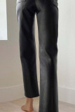 Pantalones rectos de color sólido rectos de cintura alta rectos de patchwork sólido casual negro