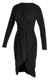 ブラック ファッション カジュアル パッチワーク V ネック ロング スリーブ ドレス