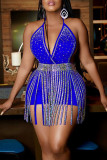 Blue Sexy Solid Tassel Patchwork Backless Hot Drill Halter Sans Manches Deux Pièces