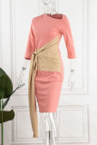 イエロー エレガント プリント バンデージ パッチワーク フォールド 非対称カラー ワンステップ スカート ドレス