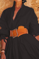 ブラック カジュアル ソリッド パッチワーク バックル ベルト付き ターンダウン カラー シャツドレス ドレス