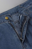 Blaue, lässige, solide Patchwork-Denim-Jeans mit mittlerer Taille