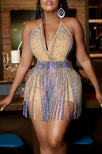 Apricot Sexy Solid Tassel Patchwork Backless Hot Drill Halter Sleeveless Two Pieces