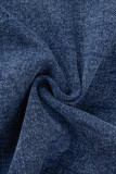 Deep Blue College Solid Patchwork-kedjor Dragkedja Turndown-krage Långärmad Hög midja Vanliga denimklänningar