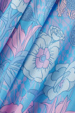 Blauer, lässiger, süßer Patchwork-Print mit halbem Rollkragen und A-Linien-Kleidern