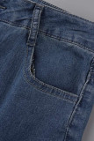 Blue Casual Solid Patchwork Mid Waist Regular Denim Jeans