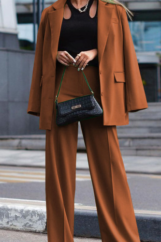 Coffee Casual Street Solid Patchwork Buttons Turn-back Collar Long Sleeve Two Pieces