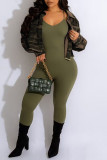 Veste en jean droite à manches longues avec col rabattu et imprimé camouflage vert armée