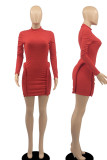 Tangerine Red Casual Solid Patchwork O Neck Pencil Skirt Dresses