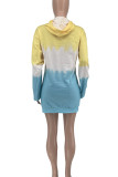 Yellow And Blue Casual Print Patchwork Hooded Collar T-shirt Dress Dresses