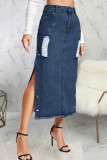 Blue Casual Street Solid Rivets Ripped Patchwork Slit Straight High Waist Straight Solid Color Bottoms