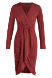 Pink Fashion Casual Patchwork V Neck Long Sleeve Dresses