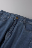 Jeans in denim regolari a vita media con patchwork tinta unita casual blu baby