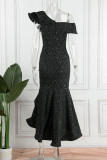 Schwarzes, elegantes Patchwork-Volant, asymmetrisch, schräger Kragen, Abendkleid, Kleider