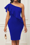 ブルー セクシー ソリッド パッチワーク フラウンス 斜め襟 ワンステップ スカート ドレス