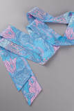 Blau Grau Casual Sweet Print Patchwork Half A Rollkragen A-Linie Kleider