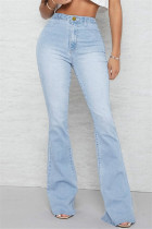 Babyblaue, lässige, solide Patchwork-Denim-Jeans mit mittlerer Taille