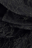 Vestido de noche de cuello oblicuo asimétrico con volantes de patchwork elegante negro Vestidos